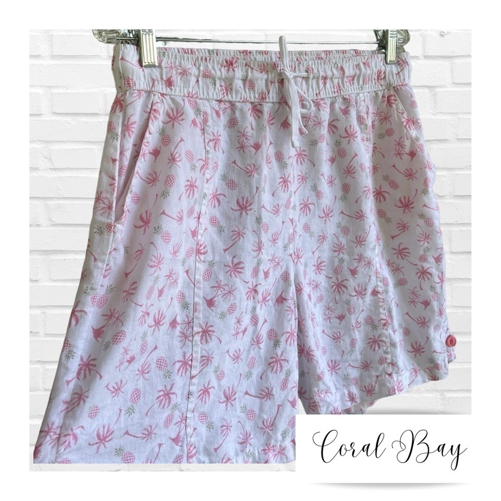Coral Bay Linen Blend Shorts Hawaiian Print Vacation Resortwear Summer Medium